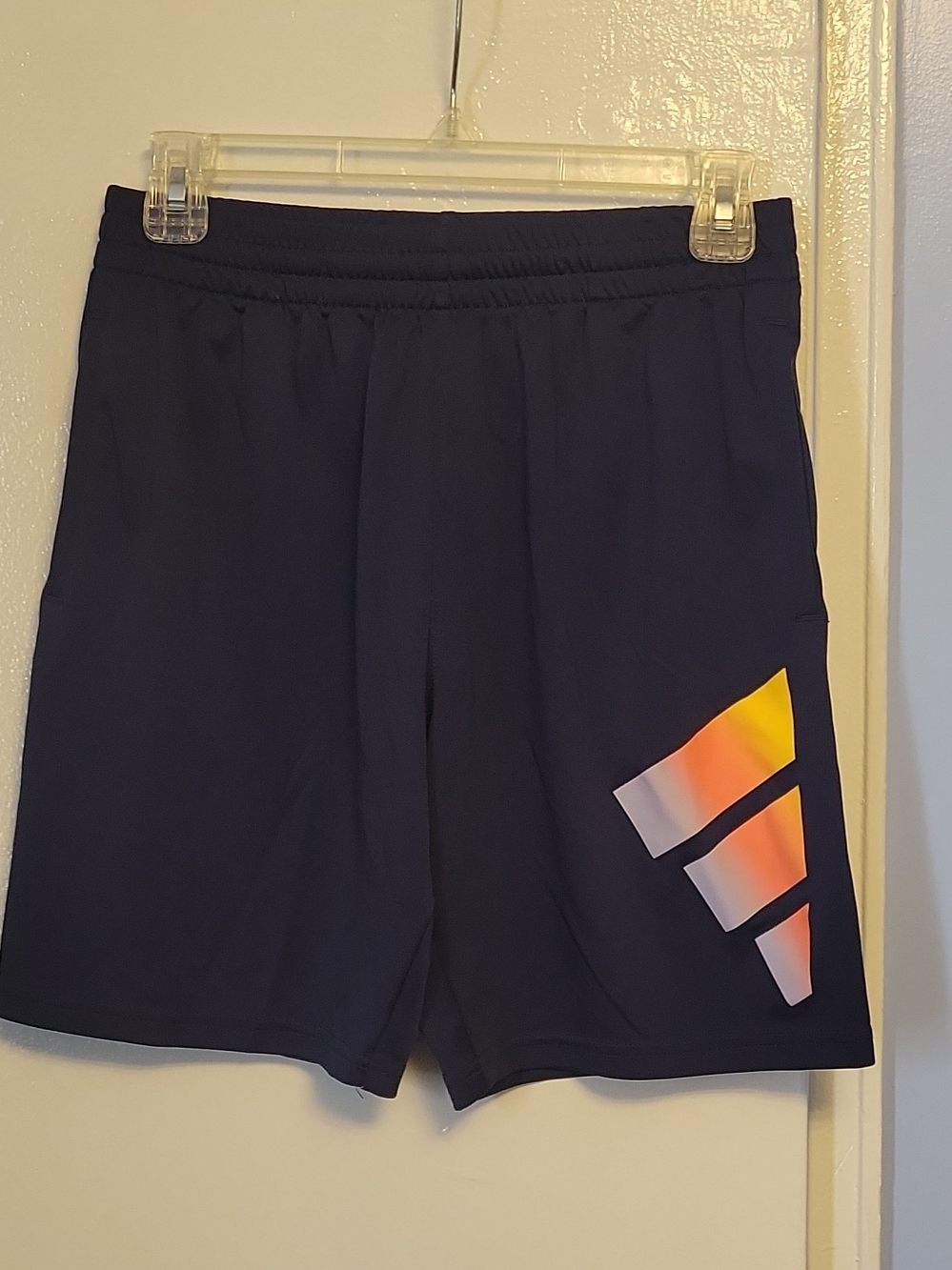 adidas Navy Athletic Shorts with Orange-Pink Gradient Logo